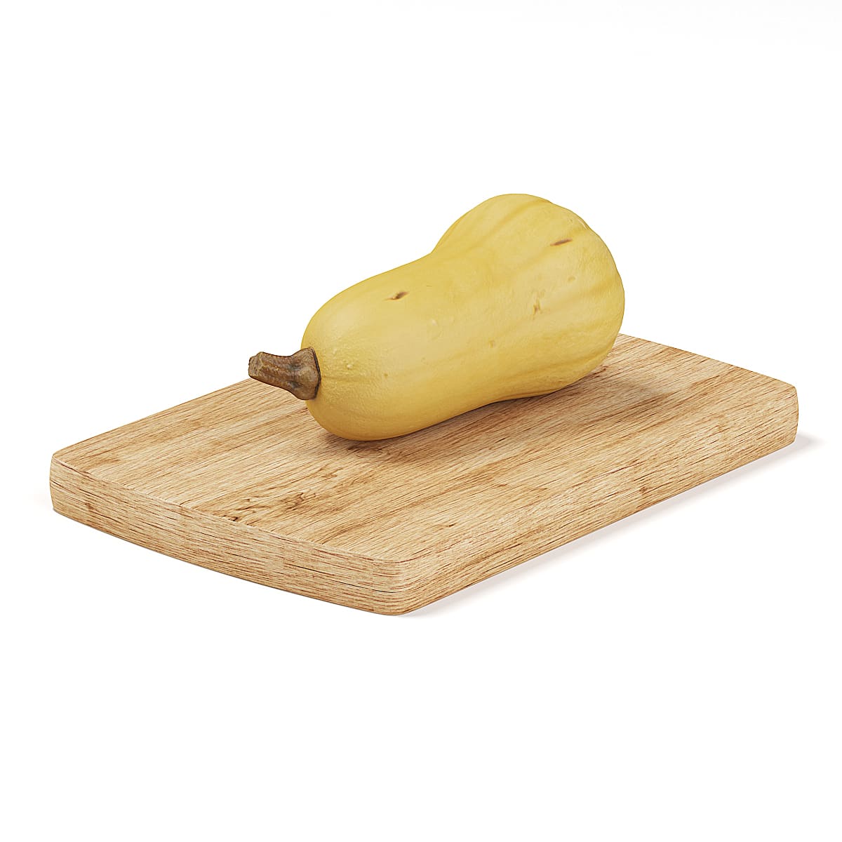 Rendered image of a yellow squash on a light wooden cutting board with a neutral background