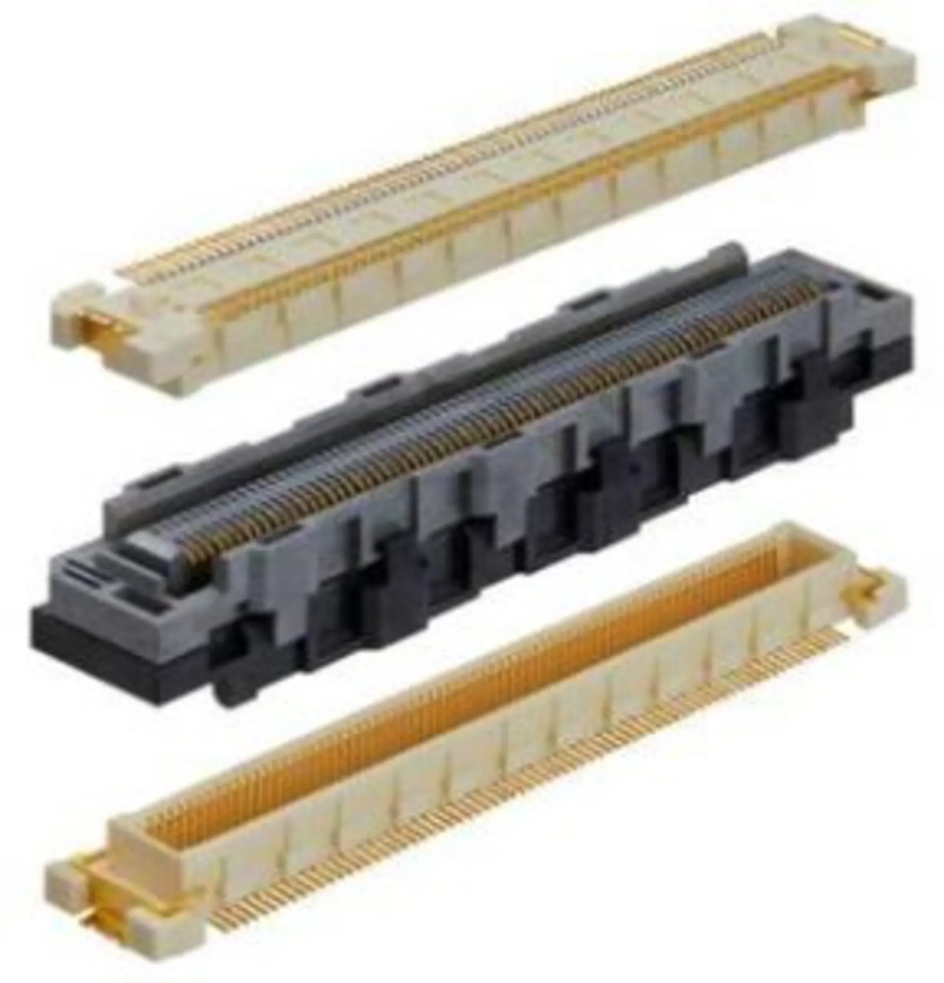 Close-up of metallic and plastic connector components on a white background